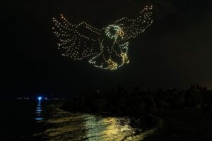 A bald eagle is seen during the Fourth of July Northern Lights Drone Show at McKinley Beach in Milwaukee on the evening of July 3, 2025.